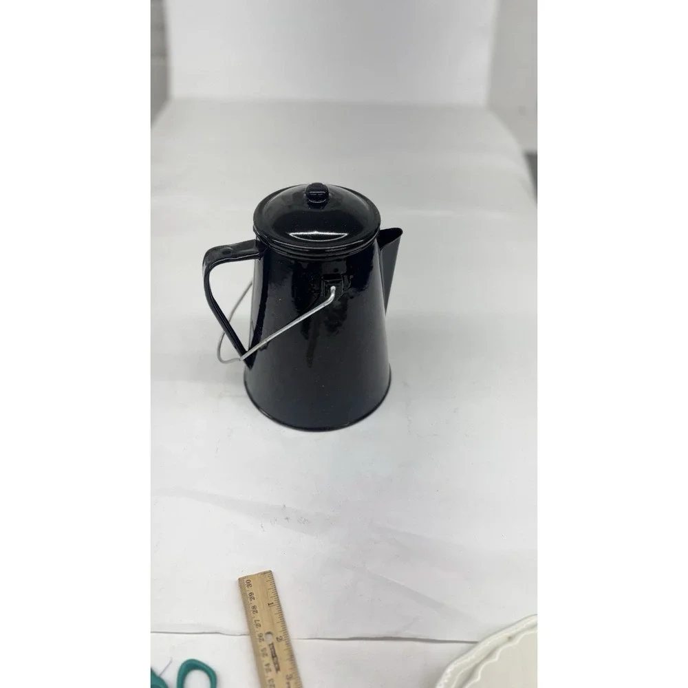 Vintage Black & White Speckled Enamelware Percolator Camping Cowboy Coffee Pot